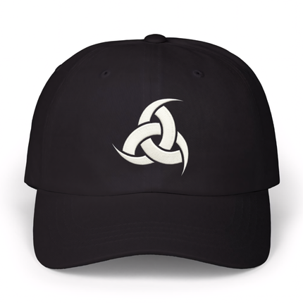 Black baseball cap featuring a white embroidered Triple Horn of Odin knot symbol.