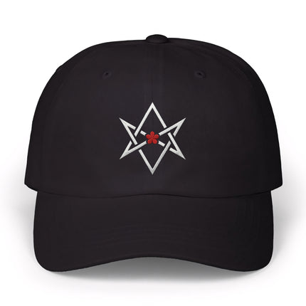 Black cap with embroidered Thelema hexagram and red occult star symbol.