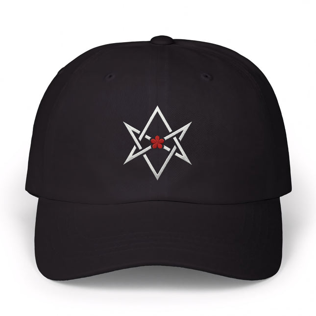 Black cap with embroidered Thelema hexagram and red occult star symbol.