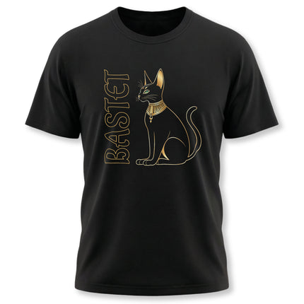 Gold Bastet Egyptian cat graphic on a black t-shirt. Features the goddess and name BASTET.