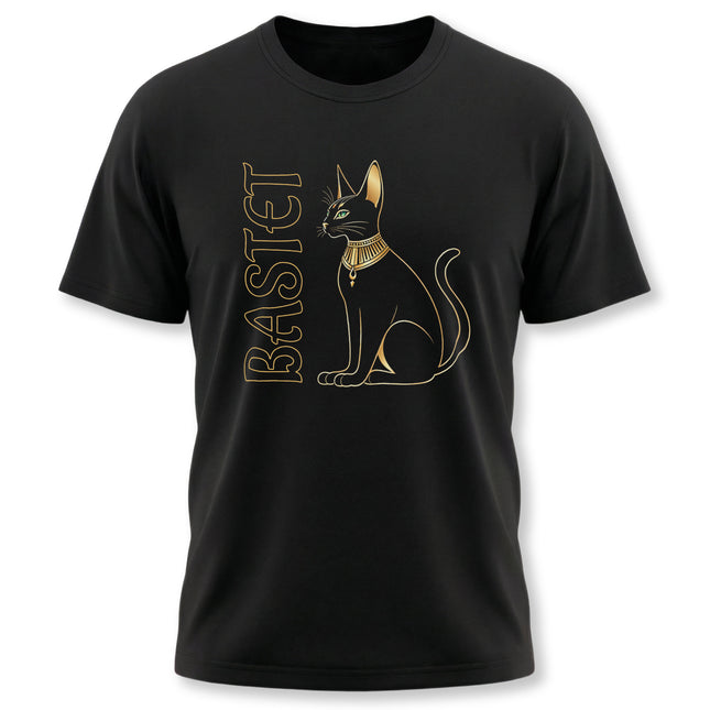 Gold Bastet Egyptian cat graphic on a black t-shirt. Features the goddess and name BASTET.