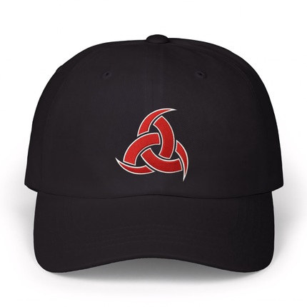 Black dad hat featuring red embroidered Norse Odin's horns design.