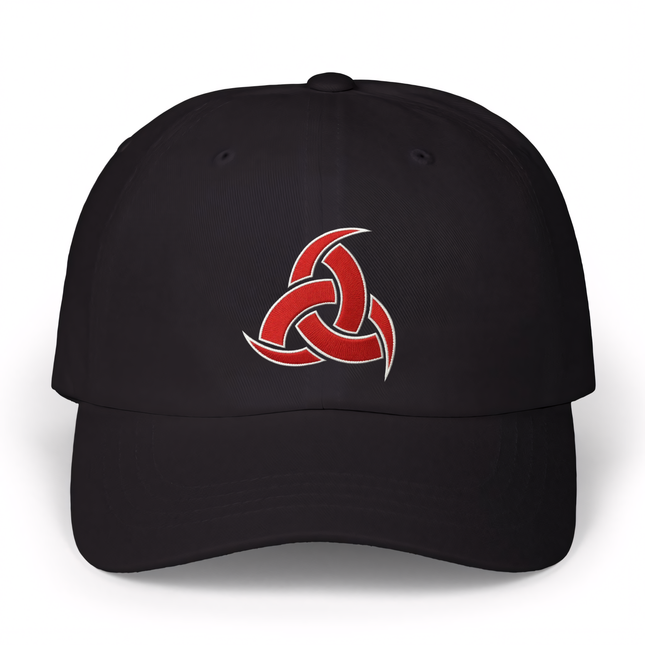 Black dad hat featuring red embroidered Norse Odin's horns design.