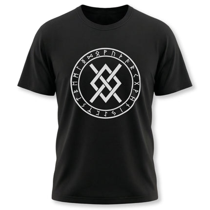 Black Norse rune circle t-shirt featuring a white Viking knot and runic symbols.