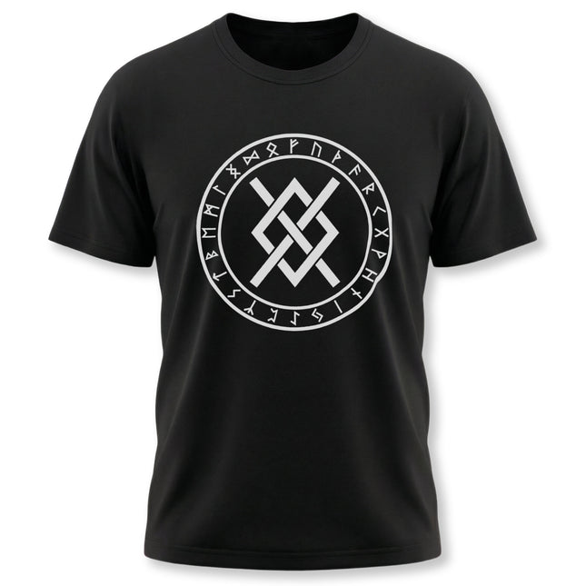 Black Norse rune circle t-shirt featuring a white Viking knot and runic symbols.