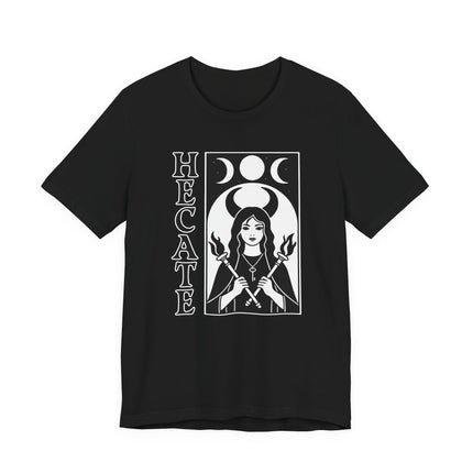 Hecate goddess t-shirt design featuring a triple moon symbol and witch torches.