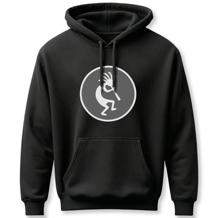 Black hoodie featuring the Kokopelli flute player silhouette design.