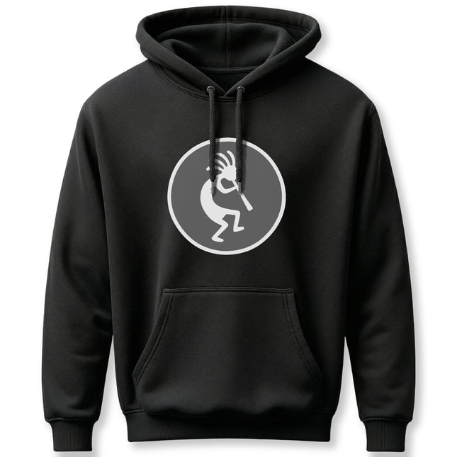 Black hoodie featuring the Kokopelli flute player silhouette design.