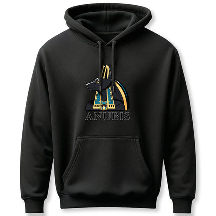 Anubis Egyptian god graphic on a black hoodie. Features the jackal-headed deity and "ANUBIS" text.