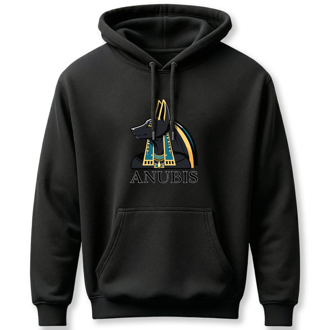 Anubis Egyptian god graphic on a black hoodie. Features the jackal-headed deity and "ANUBIS" text.