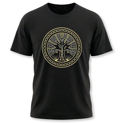 Golden Norse World Tree of Life graphic featuring Yggdrasil in a circular design.
