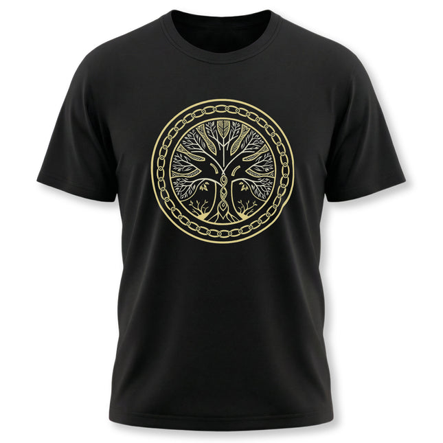 Golden Norse World Tree of Life graphic featuring Yggdrasil in a circular design.