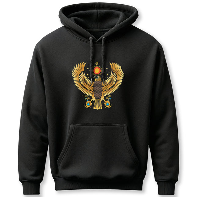 Egyptian Ra falcon graphic featuring gold details and ancient Egyptian sun symbols.