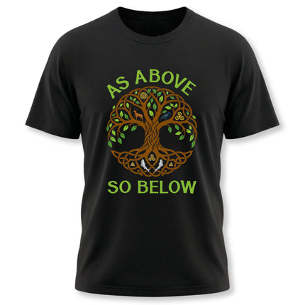 As Above So Below Tree of Life graphic tee on a black spiritual t-shirt.