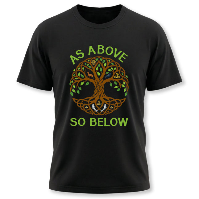 As Above So Below Tree of Life graphic tee on a black spiritual t-shirt.