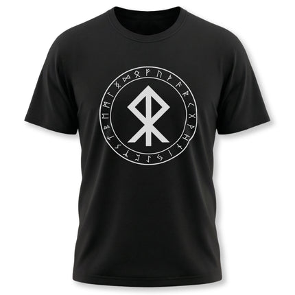 Black graphic tee featuring the Algiz rune and Norse protective runes.