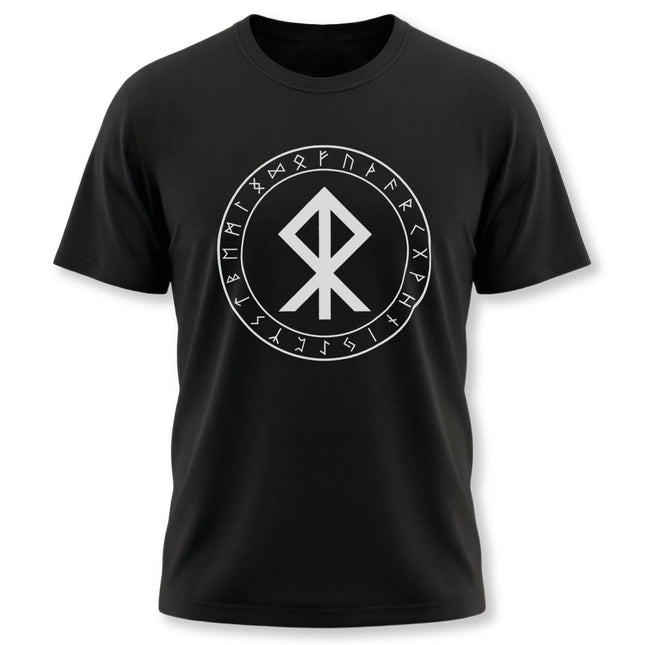 Black graphic tee featuring the Algiz rune and Norse protective runes.