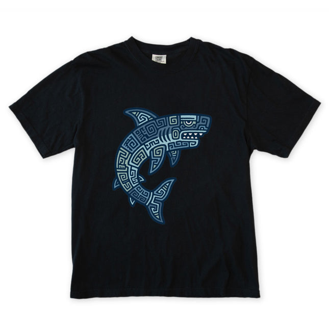 Mayan Tribal Shark T-Shirt | Blue Geometric Design Ocean Tee | Comfort Colors