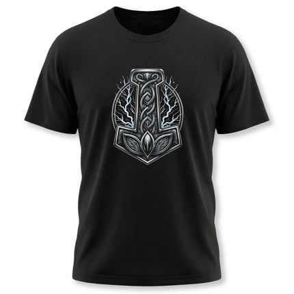 Norse mythology graphic tee featuring Thor's Mjolnir hammer symbol. Detailed Viking linework design.
