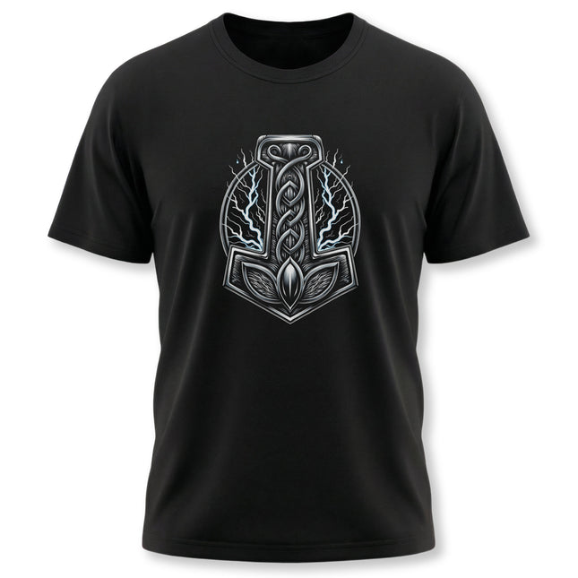 Norse mythology graphic tee featuring Thor's Mjolnir hammer symbol. Detailed Viking linework design.
