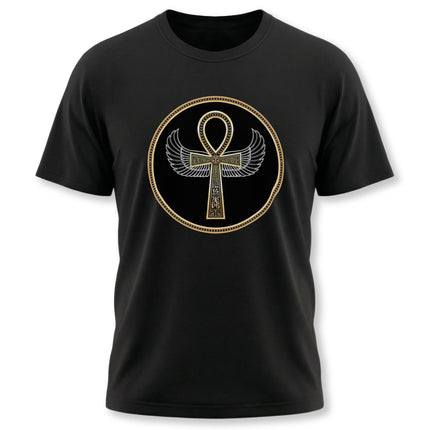 Ornate gold winged ankh symbol graphic tee for Egyptian mythology lovers.