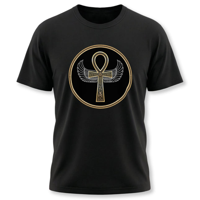 Ornate gold winged ankh symbol graphic tee for Egyptian mythology lovers.