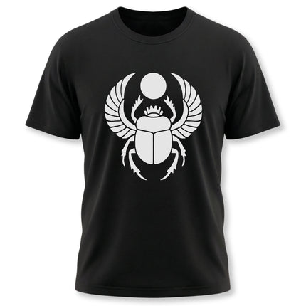 Ancient Egyptian Khepri scarab beetle graphic on a black t-shirt.