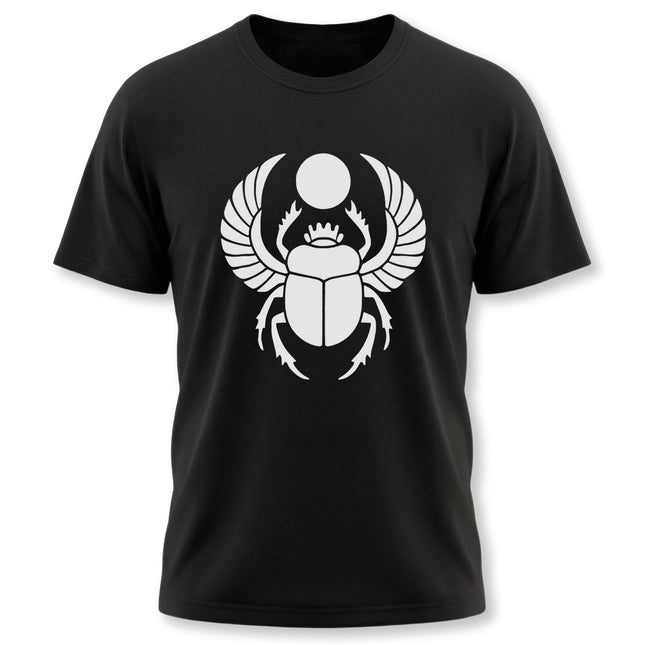 Ancient Egyptian Khepri scarab beetle graphic on a black t-shirt.