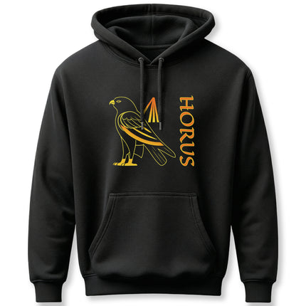 Black hoodie featuring a gold graphic of Horus, the Egyptian god, and the word HORUS.