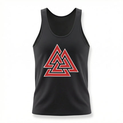 Black tank top featuring the red Valknut symbol, a Norse mythology Viking design.