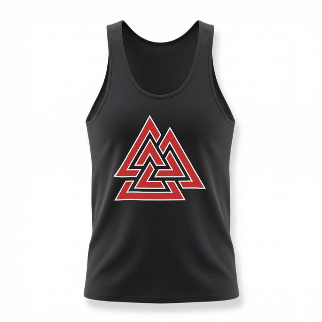 Black tank top featuring the red Valknut symbol, a Norse mythology Viking design.