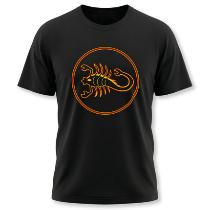 Black streetwear t-shirt featuring a stylized orange scorpion zodiac graphic.
