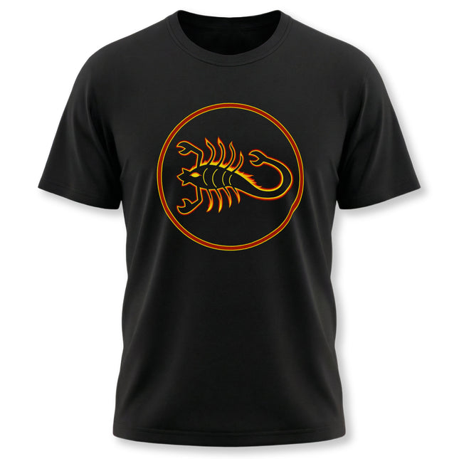 Black streetwear t-shirt featuring a stylized orange scorpion zodiac graphic.