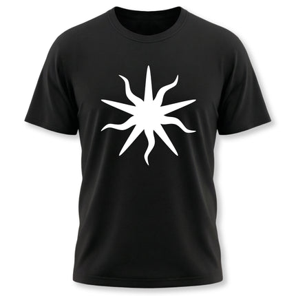 Black t-shirt featuring a white esoteric sun symbol graphic. Occult and mystical solar design.