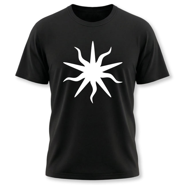 Black t-shirt featuring a white esoteric sun symbol graphic. Occult and mystical solar design.
