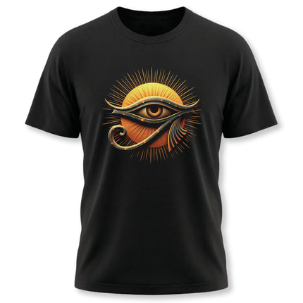 Eye of Ra symbol graphic on a black t-shirt. Ancient Egyptian mythology and protection symbol design.