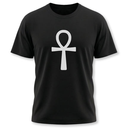 Black t-shirt featuring the white Egyptian Ankh symbol, representing eternal life and ancient Egyptian culture.