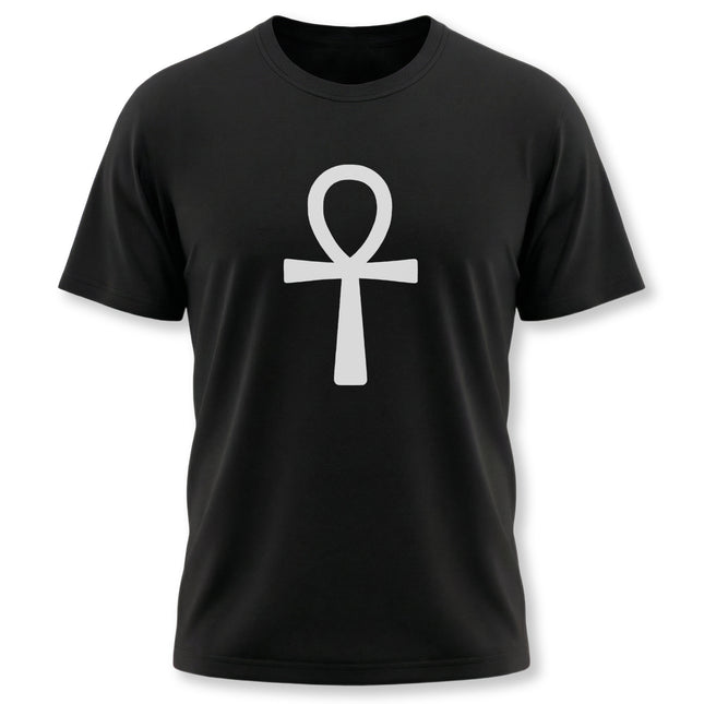 Black t-shirt featuring the white Egyptian Ankh symbol, representing eternal life and ancient Egyptian culture.