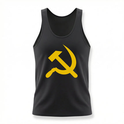 Hammer and Sickle symbol on a black communist tank top.