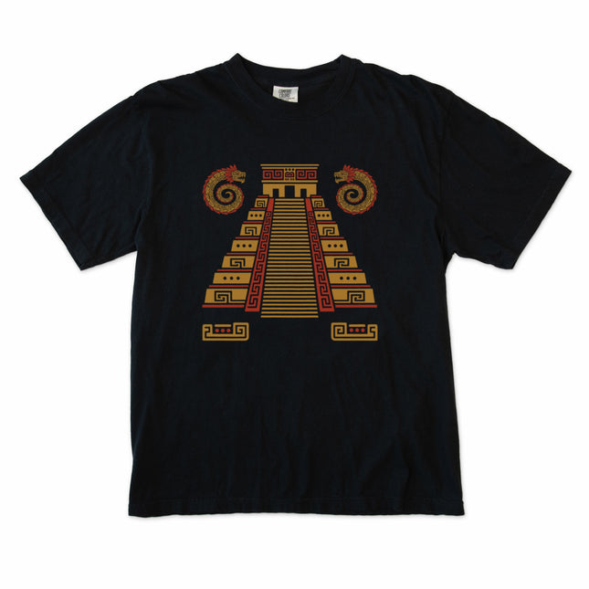 Mesoamerican stepped pyramid graphic t-shirt featuring striking red and gold ancient architecture.