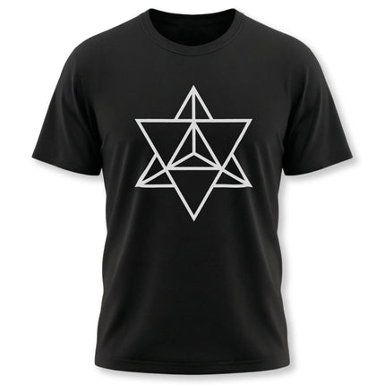 Black tee featuring a white Merkaba sacred geometry symbol.