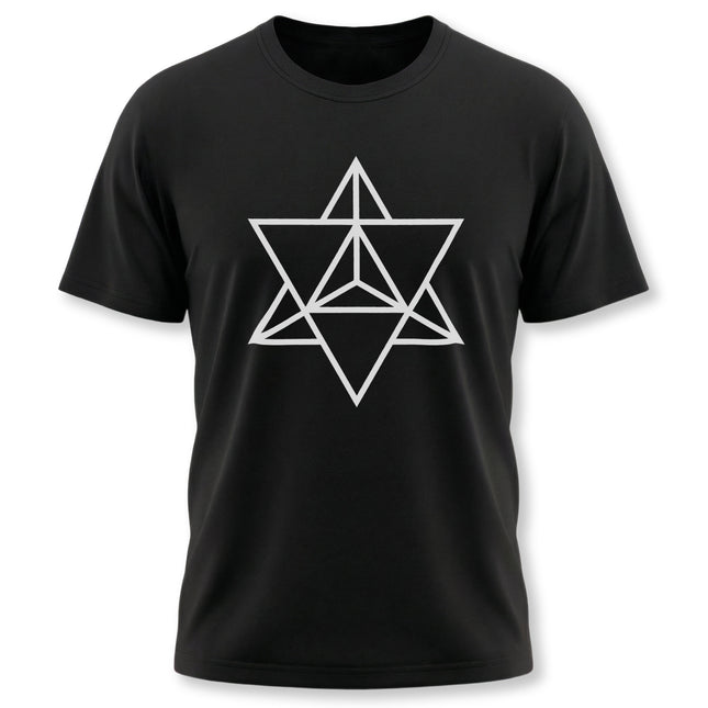 Black tee featuring a white Merkaba sacred geometry symbol.