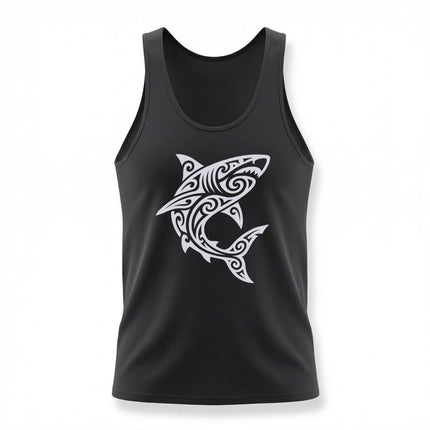 Tribal Maori shark graphic on a black tank top, featuring Polynesian style streetwear art.