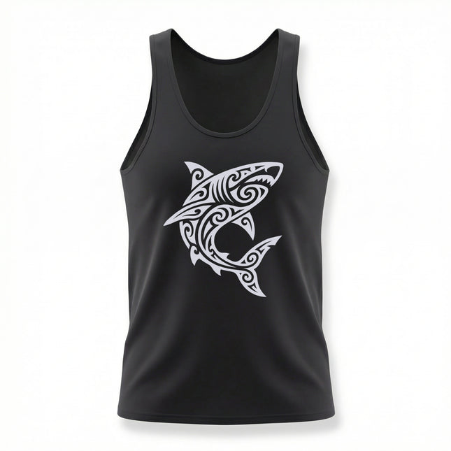 Tribal Maori shark graphic on a black tank top, featuring Polynesian style streetwear art.
