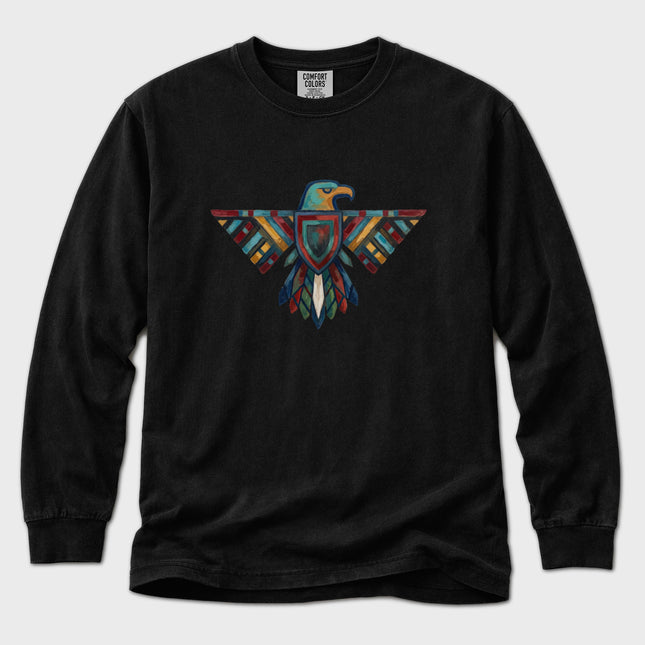 Geometric Thunderbird graphic long sleeve t-shirt featuring a mythic bird design.