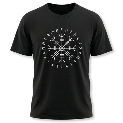 Black t-shirt featuring a white circular design of Norse runes and the Aegishjalmur (Helm of Awe) symbol.