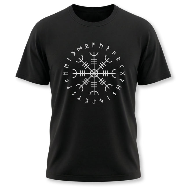 Black t-shirt featuring a white circular design of Norse runes and the Aegishjalmur (Helm of Awe) symbol.