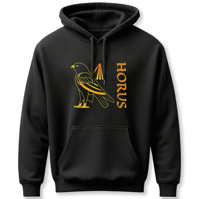 Golden Horus falcon graphic and "HORUS" text on black pullover hoodie.