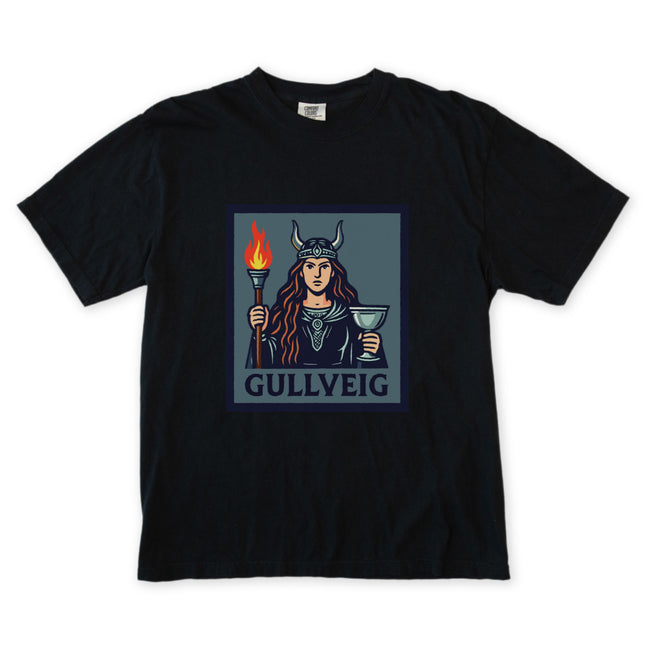 Gullveig Norse Mythology T-Shirt | Viking Horned Goddess Torch & Chalice Tee