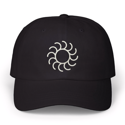 Black baseball cap featuring a white embroidered sun symbol. Occult cosmic energy design.
